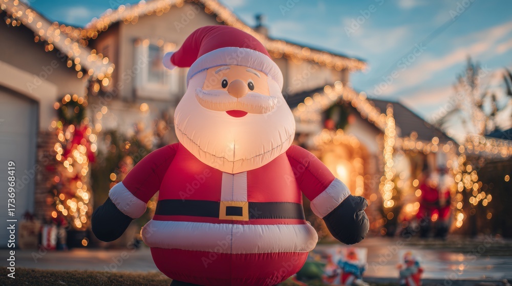 Obraz premium inflatable Santa Claus doll in front of a Christmas-decorated house