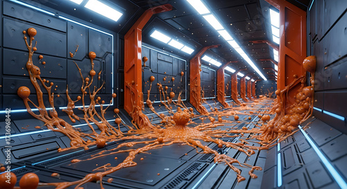 Fototapeta Naklejka Na Ścianę i Meble -  Sci-Fi Corridor with Orange Goo, Futuristic Interior, Abstract