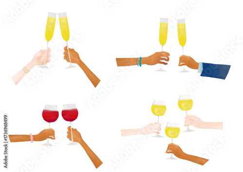 水彩風　乾杯するイラスト(いろいろパターン)Cheers in Watercolor Series:Toasting illustrations (various patterns)