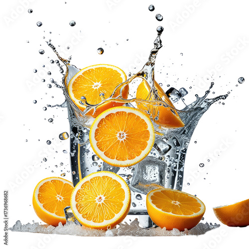 Refreshing orange slices splashing into a glass of water with ice, droplets
