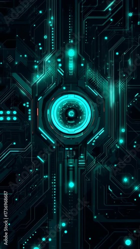 Abstract Teal Circuitry Animation with Glowing Hexagon