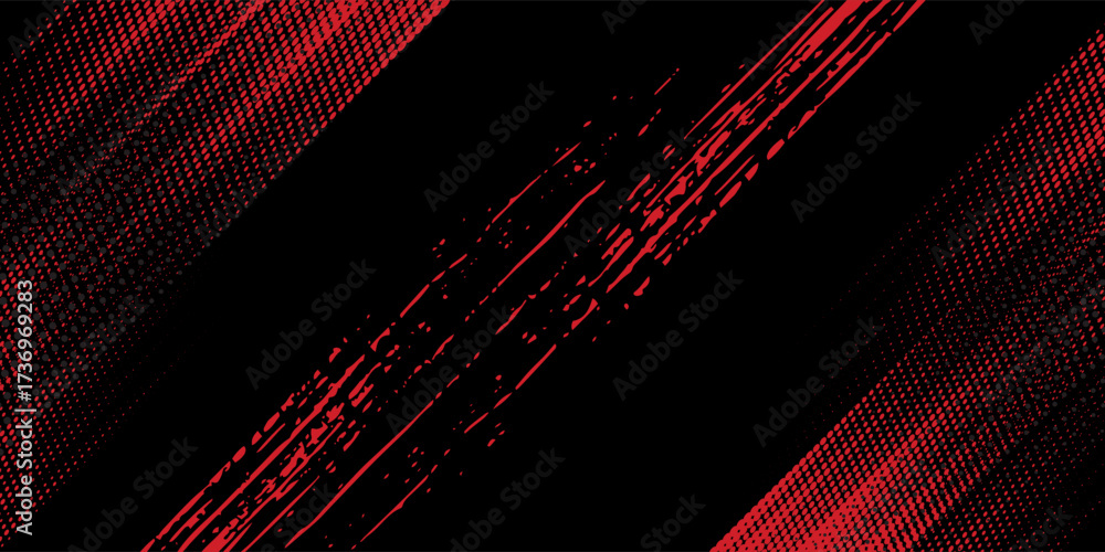 Fototapeta premium Red grunge brush art dark background. Modern grunge texture feature black dot halftone effect design.