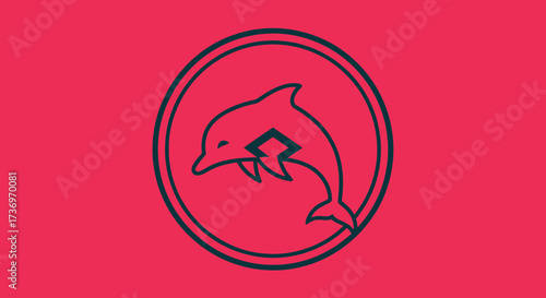 Graphic design of a stylized dolphin leaping inside a circular emblem.