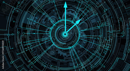 Futuristic technological clock face with intricate glowing blue circuits and gears representing time.
