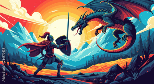 Brave Knight Facing Mighty Dragon in Epic Battle.