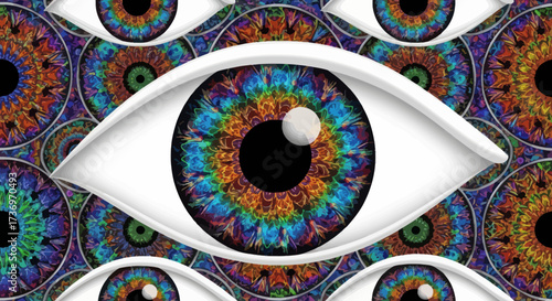 Intricate eye with vibrant colors and detailed iris, artistic vision.