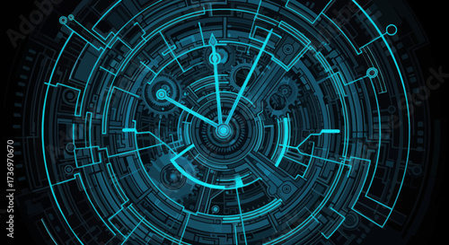 Futuristic Clock Design with Glowing Blue Elements and Intricate Circuit Patterns.