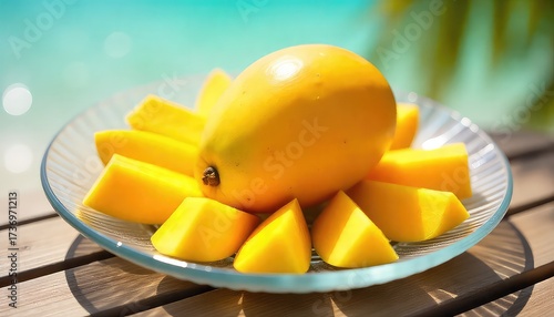 A close up of a whole mango and slices on a clear plate sitting on a wooden surface outside in sunlight