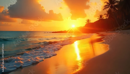 Golden hour at the beach with palm trees and waves reflecting the sunset in the sand and water
