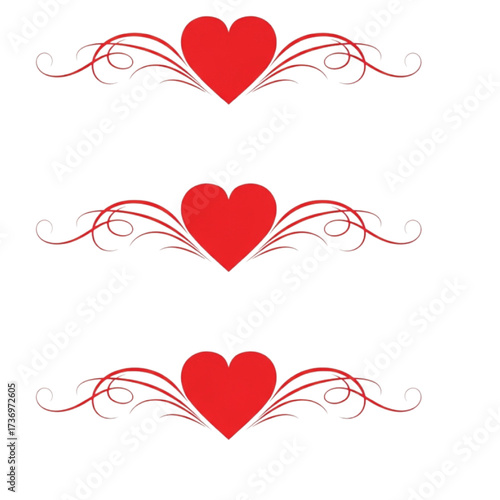 Three Red Hearts with Decorative Swirls and Flourishes Keywords: heart, red heart, love, romance