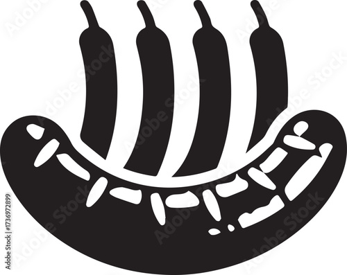 Black and white illustration of four sausages isolated on white background