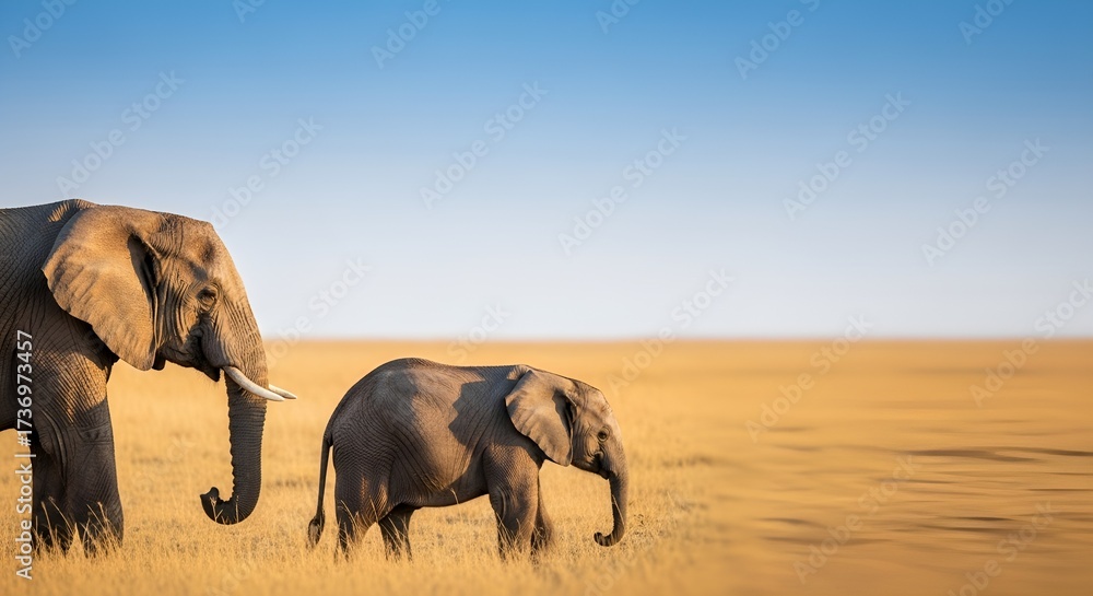 Fototapeta premium Mother and baby elephant walking through a golden savanna at sunset.
