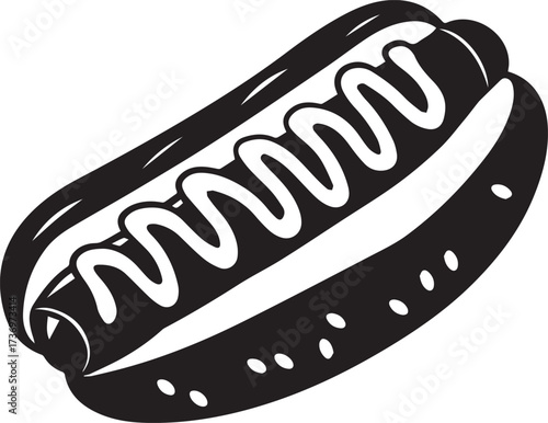 Black and white illustration of a hot dog with mustard isolated on white background