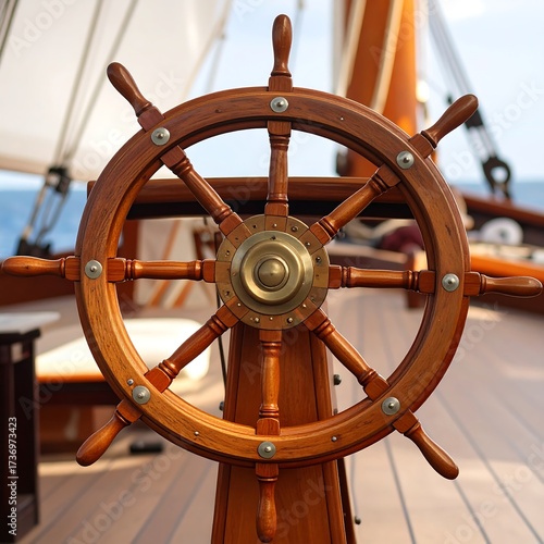 Close-up of a wooden ship's steering wheel