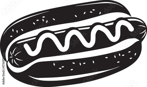 Black and white illustration of a hot dog with mustard isolated on white background