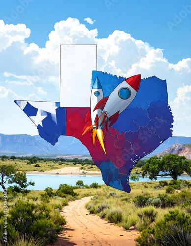 Texas map with rockets, landscape