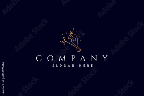luxurious abstract bird logo with sparkling gold star in linear line art outline design style concept