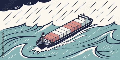 High angle front view of a loaded container vessel, cutting through the sea at speed under a rainy sky.