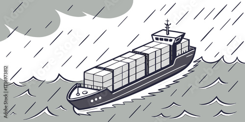 High angle front view of a loaded container vessel, cutting through the sea at speed under a rainy sky.