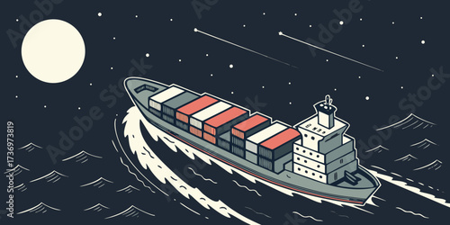 High angle front view of a loaded container vessel, cutting through the sea at speed under dark moony sky.