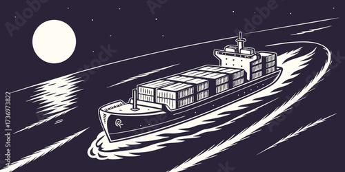 High angle front view of a loaded container vessel, cutting through the sea at speed under dark moony  sky.