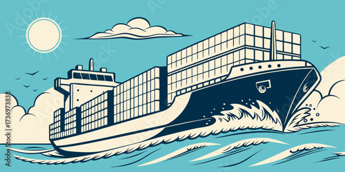 High angle front view of a loaded container vessel, cutting through the sea at speed under a clear sky.