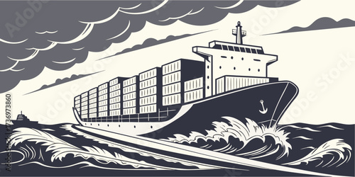 High angle front view of a loaded container vessel, cutting through the sea at speed under a dark cloudy sky.