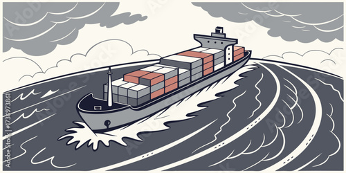 High angle front view of a loaded container vessel, cutting through the sea at speed under a dark cloudy sky.