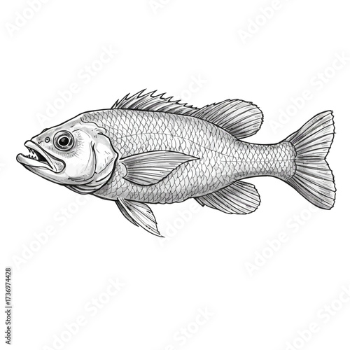 Detailed Black and White Line Art Illustration of a Single Fish
