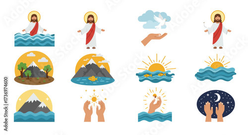 Cartoon graphics display religious imagery nature scenes and hands in various poses