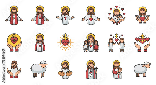 Cartoon depictions of Jesus and symbols including hearts and sheep in an illustration