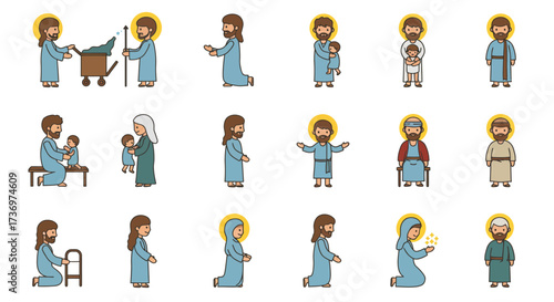 Cartoonstyle depictions of biblical figures in various poses with halos