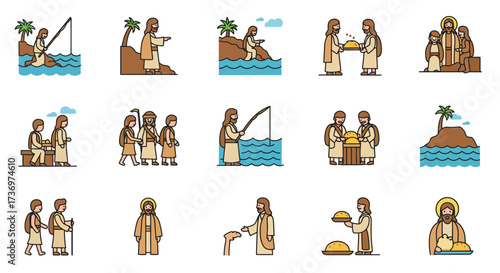 Cartoon illustrations depict various biblical scenes