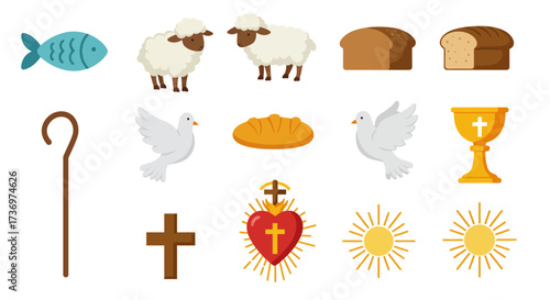 Christian symbols fish sheep bread dove chalice cross heart sun and a shepherds crook are displayed