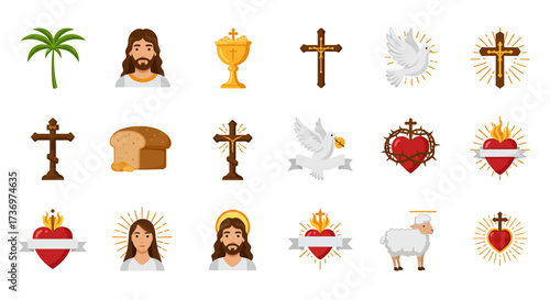 Christianthemed images palm chalice doves crosses sacred hearts bread lamb portraits radiating lines banner and thorns