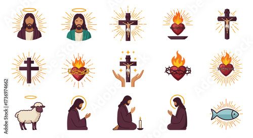 Fifteen Christian symbols including Jesus crosses hearts lamb and fish are displayed with rayed backgrounds