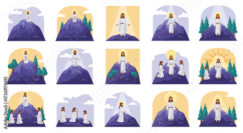 Fifteen illustrations depict Jesus on various mountains some with rays trees or disciples