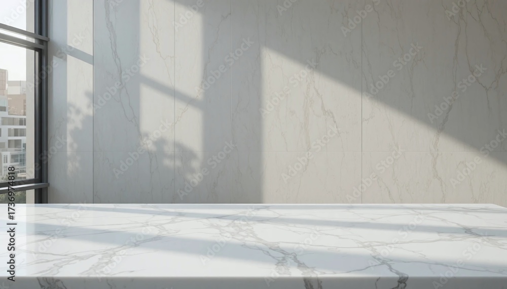 Fototapeta premium A sun-drenched marble countertop with a soft shadow pattern reflecting natural light, perfect for showcasing products or as a clean, modern background