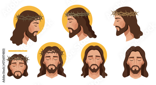 Illustration features Jesus Christ in varied poses wearing a crown of thorns