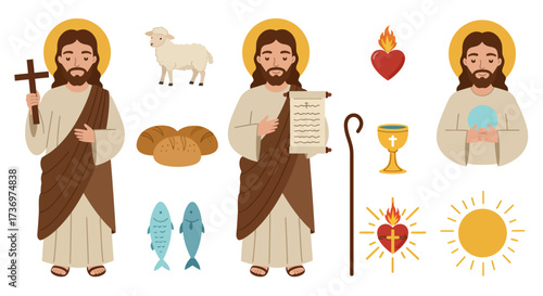 Illustrations show Jesus with Christian symbols sheep bread fish heart chalice sun