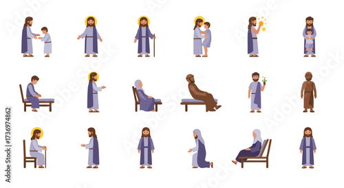 Image features pixelated figures of Jesus  Biblical characters in various poses  scenes