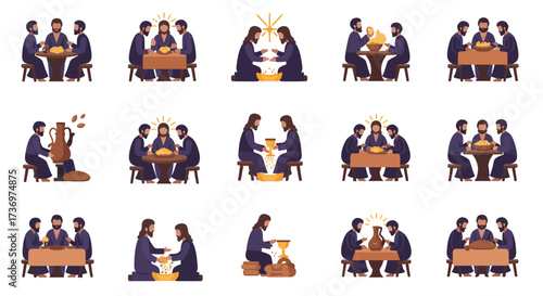 Illustration of religious scenes meals foot washing communion involving biblical characters