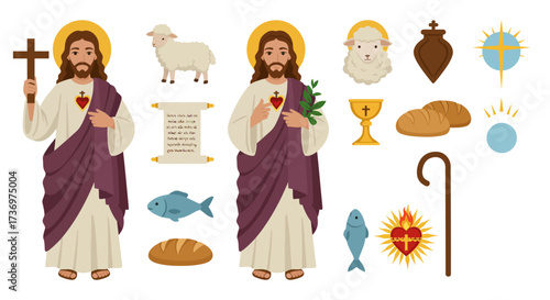 Religious art showing two figures of Jesus bread lamb and symbolic Christian icons