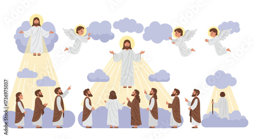Religious scene shows Jesus ascending amidst angels  rays of light observed by people on earth