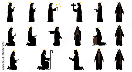 Rows of haloed Jesus illustrations showing various poses and objects