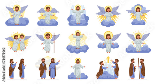 Religious vector art angels with wings people in robes clouds  light
