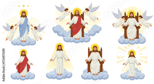 Seven Jesus Christ depictions heavenly settings various poses with light halos or crowns