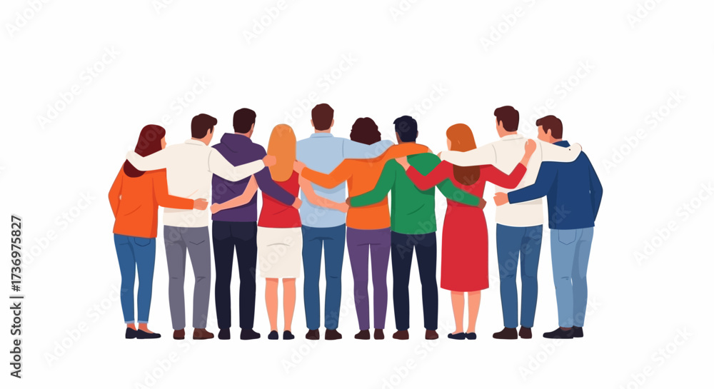 Fototapeta premium Happy people. Diverse multi-ethnic people character group hugging standing together back view. National cohesion, solidarity and unity illustration. International friendship communication vector