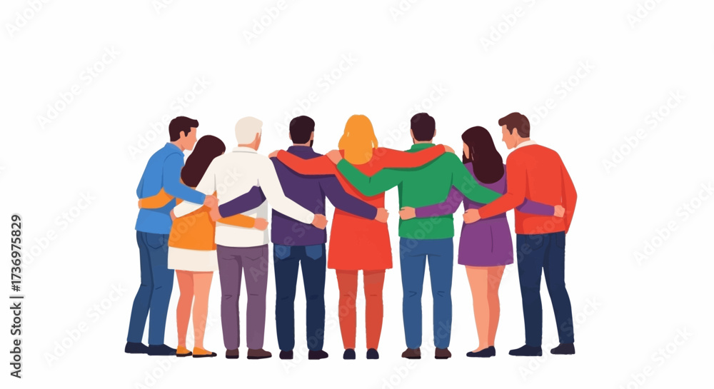 Fototapeta premium Happy people. Diverse multi-ethnic people character group hugging standing together back view. National cohesion, solidarity and unity illustration. International friendship communication vector