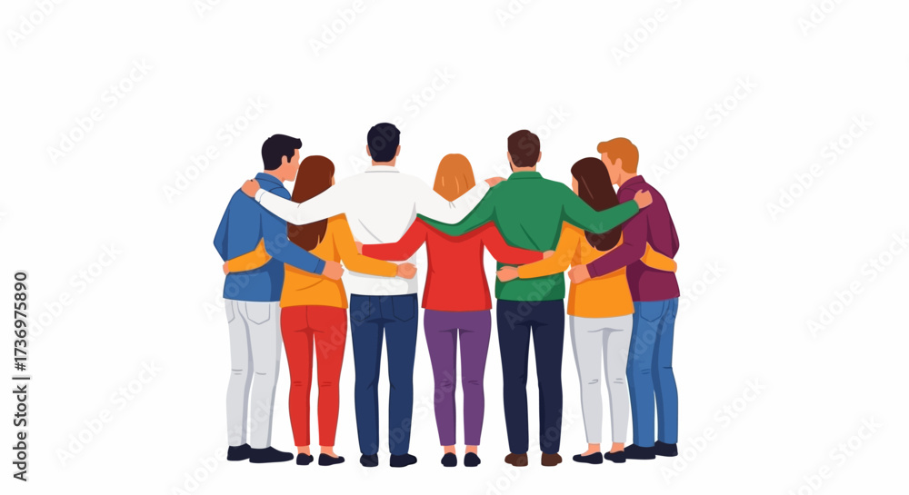 Obraz premium Happy people. Diverse multi-ethnic people character group hugging standing together back view. National cohesion, solidarity and unity illustration. International friendship communication vector